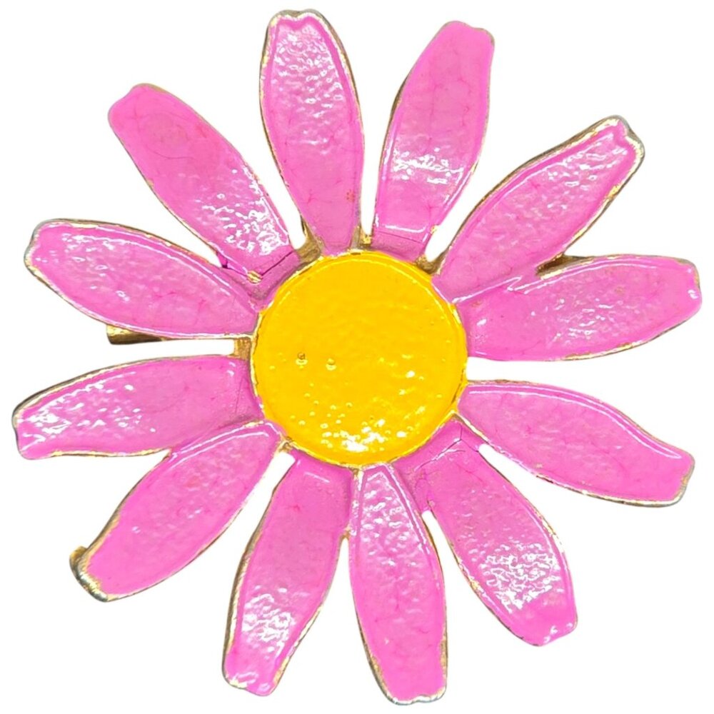 Pink & Yellow Enamel Daisy Flower Pin Brooch With Gold-Tone Metal Back